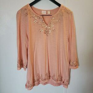 Chico's Sequined Tunic Top Women M Peach Elevated Basic Cruise Resort Boho Arsty